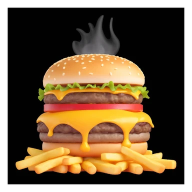 juicy triple-patty cheeseburger with melting triple cheese, crispy golden French fries on the side, hot steam rising from the food, fresh, delicious, sizzling hot, appetizing cartoon emoji style, high detail, bright colors sticker