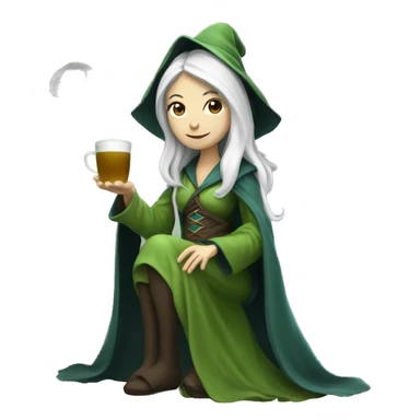 a female wizard with a white beard drinking matcha tea. Her full body is shown sticker