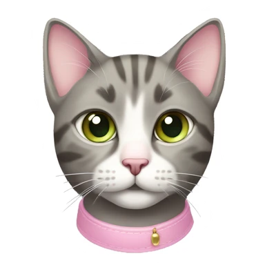 grey and tan cat with cream pattern on her forehead. Pink collar with pink bell.  Green eyes and a pink nose sticker