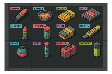 a virtual display, a gray grid with darker gray cells, each cell containing an item viewed in isometric minimalism render The cells have pastel neon colored labels in their upper corner, indicating various traits of the items. retrofuturism, circa 2880's.
The items are scientific and military in nature - varieties of munitions, scientific samples, rations, data storage, utilities. There are two arrays of grids, one left, one right. Each array has a few empty spaces at the bottom. "graphic realism." brutalism. the items are adorned in a combination of  bright colors, neon-safety, early 90's pallet, with muted gray tones in EVEN BALANCE. sticker