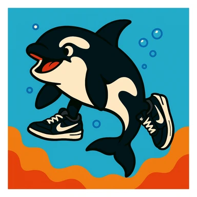 orca swimming with black and white Nike sneakers visible, energetic, simple background, vibrant toon style sticker
