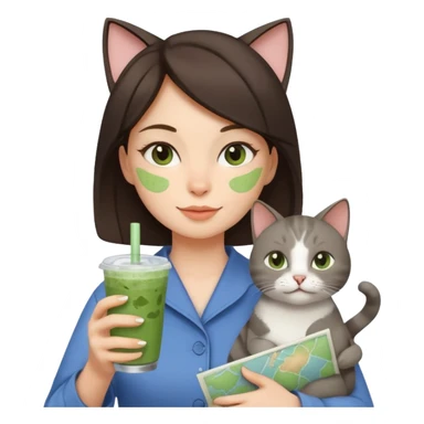 a brunette woman in here 30S drinking an iced matcha, carrying a grey cat and a map of the world sticker