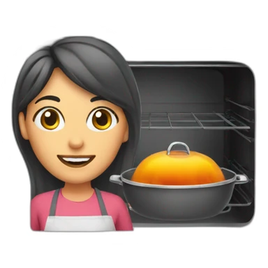 a woman with a kitchen potholder in front of an oven sticker
