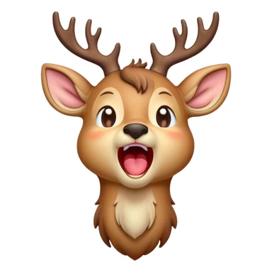 Cinematic Cute Yawning Deer Portrait Emoji, Head tilted slightly with a dramatic, wide-open yawn, revealing a soft, dappled coat and elegantly drooping ears, eyes barely open in drowsy contentment, Simplified yet irresistibly adorable features, highly detailed, glowing with a soft, cozy glow, high shine, relaxed yet expressive, stylized with a touch of natural whimsy, bright and endearing, soft glowing outline, capturing the essence of a sleepy yet affectionate deer, so drowsy it feels like it could stretch right out of the screen and curl up for a nap! sticker