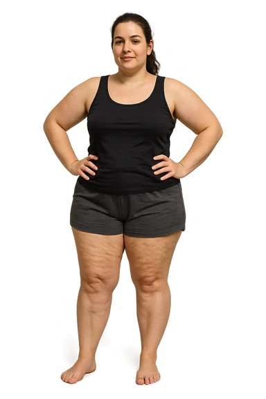 donna con inestetismi evidenti cellulite non troppo grassa e giovani sui 30 anni. in pantaloncini sticker