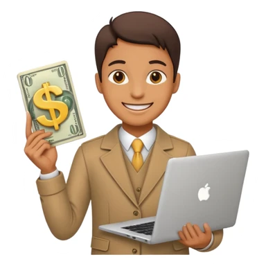 A confident person holding a laptop and dollar sign emoji sticker