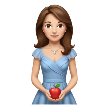Kate Middleton as an elegant and smiling apple style emoji, wearing a classic dress, brown hair sticker
