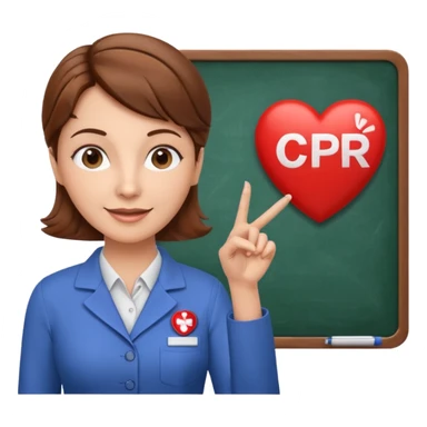 Happy Teacher, female, brown hair up, holding a pointer to a white board with a CPR logo. sticker