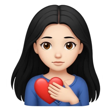 character with long black hair past elbow,  round, downturned dark brown eyes, heart shape face sticker