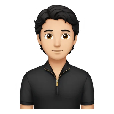 Man with wavy black hair in comfortable black zippered collar shirt, regular fit not tight sticker