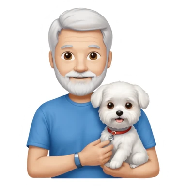 handsome gentleman, 60 years old, silver hair short, full beard, wearing a blue t-shirt, smiling and holding a maltese dog sticker