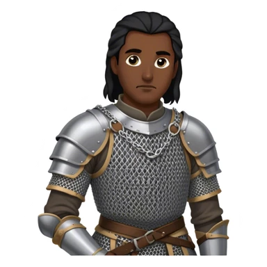medieval battle armor worn by a DnD themed fantasy character. basic iron-plated brigandine over a chainmail hauberk. armor only above the waist. The armor full waist. The character's haven't arms. character is black hair gray eyes long tied-back hair dark-skinned man. sticker