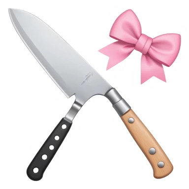Emoji style illustration of a kitchen knife with a cute pink bow tied around the handle, minimalistic, clean design, white background, soft colors, flat vector style, kawaii emoji sticker