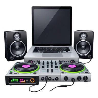 Create a professional and technical emoji that represents remixing music. The design should feature a high-end DJ controller, turntables with vinyl records, and a sound mixing console with faders to symbolize the technical aspects of remixing. Include elements like studio headphones and a laptop or digital audio workstation (DAW) screen to reflect the tools used in music production. Use colors like black, silver, and neon accents to convey the professional, high-tech nature of remixing. The background should be transparent. sticker