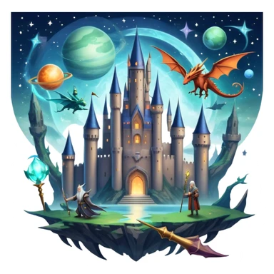 Icon for Fantasy and Sci-Fi Movies: A magical collage with flying dragons and futuristic spaceships. Stars and planets shimmer in the background with a mystical castle Hogvards and an ancient wizard holding a staff. The atmosphere is epic, otherworldly and adventurous. Transparent background. sticker