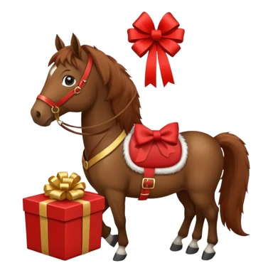 a New Year's horse with a red saddle, which has a red gift box with a white bow on the saddle sticker