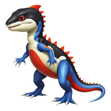 Black and white Orca-hybrid-reptile-reptilian-lizard-skink-gecko-Digimon-Fakémon-Pokémon-fusion-hybrid full body, two legs, two arms, claws, anthropomorphic, with red stripe sticker