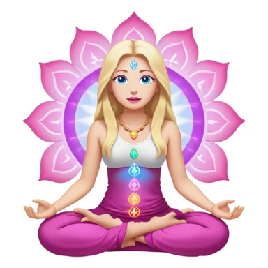 Cinematic realistic blonde with long hair, blue eyes, pink lips meditates, her chakras glow sticker