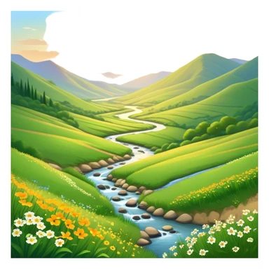 Cinematic Realistic Valley Emoji, Lush and serene, with gently sloping hills surrounding a vibrant green valley filled with wildflowers and a small stream. The soft, golden sunlight filters through the valley, casting peaceful, warm shadows across the landscape. Soft glowing outline, capturing the essence of natural peace and gentle beauty in a sprawling valley. sticker