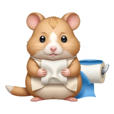 Cute chubby cartoon-style hamster holding toilet paper sitting on toilet looking as if he had an accident, sticker-style illustration sticker