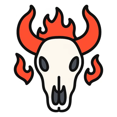 white bull skull with bright red-orange flaming horns sticker
