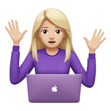 lady with long blonde hair, purple top throwing her with a laptop hands in the air saying why sticker