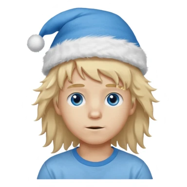 create boy blonde hair long messy, light eyes, white t shirt, rich, long hair, eyes blue, acessory head cristimas blue hat, long hair, fluffy hair sticker