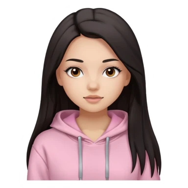 A pretty girl with light skin and long straight black brown hair, wearing a very light pink basic hoodie with brown eyes and makeup and a round face sticker