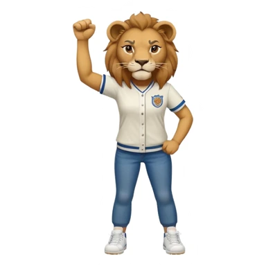 friendly anthropomorphised female lion wearing baseball shirt, jeans, trainers, standing upright with one fist raised, angry expression, no sunglasses sticker