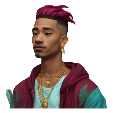 Vintage patina intricate swirls gold jewellery baroque raven wings tropical Deep pink maroon burgundy cyan dark hoodie man vitiligo dyed hair gold piercings nose piercing ear piercings sticker