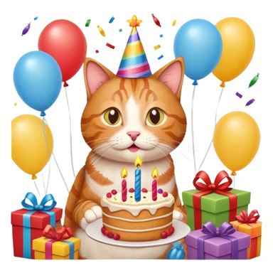 Ginger tabby cat celebrating birthday, birthday hat, birthday cake, balloons, happy, gifts sticker