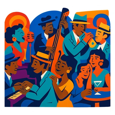 1940s jazz nightclub scene, vibrant toon style, energetic colors, no text sticker