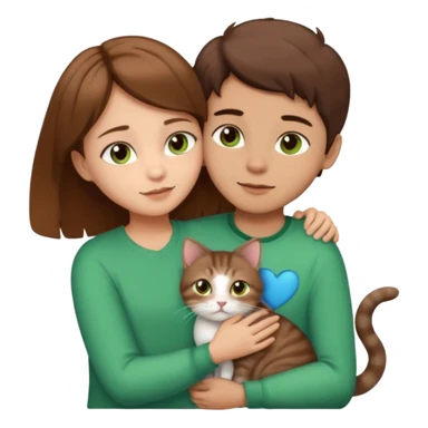 Crea un emoji donde salga un chico de pelo moreno con los ojos claros, una chica de pelo morena con los ojos marrones claros y UN gato europeo comun de pelaje marron oscuro y ojos verde claro, quiero que se esten abrazando el chico y la chica, y el gato este en el medio de los dos sticker