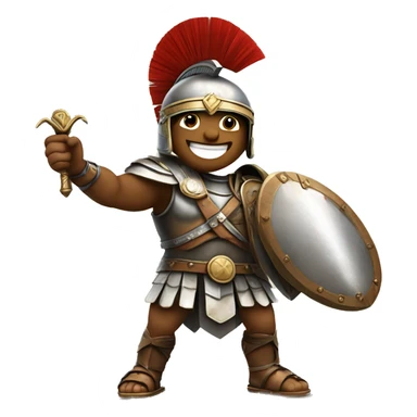 A triumphant gladiator, wearing a helmet and wielding a sword, making a "V" sign with his fingers to symbolize victory and success. sticker
