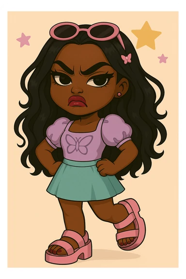 Change the expression to angry for a 20-year-old anime Bratz style woman with dark skin, dark hair, cute pastel Y2K look, big expressive eyes, and glossy lips. Maintain the anime Bratz style and the described features. sticker