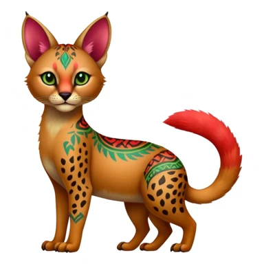 Colorful cute adorable tropical exotic fruity kiwi-green lemony rosy neon-red Caracal-Cheetah-Civet-Trico-fusion-hybrid-animal-creature, full body, with tribal tattoos sticker