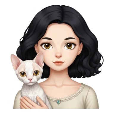 a  girl with black long hair with a white devon rex  sticker