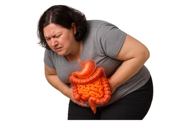 DONNA LEGGERMENTE SOVRAPPESO PIEGATA IN AVANTI CON INTESTINO ANATOMICO IN EVIDENZA, MAL DI PANCIA iperrealistico 4k sticker