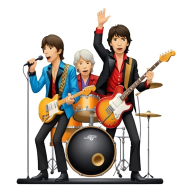 Icon for Rock Music: The Rolling Stones live on stage with Mick Jagger performing vocals, Keith Richards playing guitar, and Charlie Watts on drums. Iconic stage lights, electric guitars, and energetic crowd. Transparent background. sticker