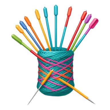 Knitting icon, knitting needles, colorful yarn, partially knitted fabric, minimalistic style, clean lines, transparent background. sticker