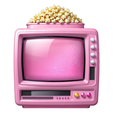 front view of transparent sparkly pink shiny CRT TV sitting on top of pink VCR, with pink/white rhinestone bucket of popcorn beside it sticker