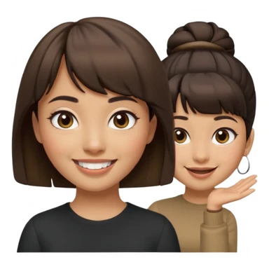 In Apple Memoji format, a girl with dark brown hair. She has bangs and her hair is in a singular high bun. The girl is arab and has light brown skin. She is wearing a brown shirt. She is smiling but is not showing her teeth.  sticker