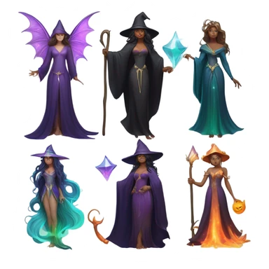 A lady witch, a lady wizard, a siren, a fairy, and a merman sticker