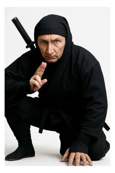 Realistic Putin as a ninja, white background sticker