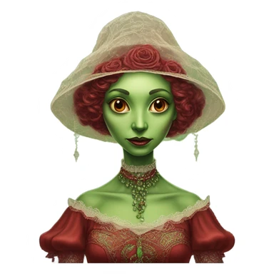 a green amazon alien woman in Victorian red sticker