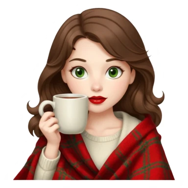 Long wavy brown haired, white skinned, dark green eyed girl with red lipstick wrapped in a blanket, sipping tea and reading a book sticker