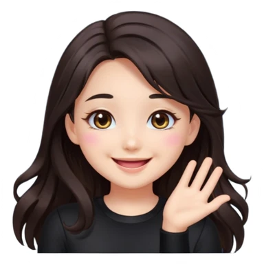 kawaii streamer girl, brunette, dark brown eyes, long dark hair, black outfit, smiling, sparkling eyes, blushing cheeks, happy expression, small stars around, emoji icon sticker