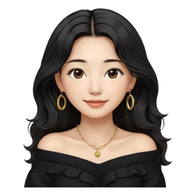 A South Korean girl in her thirties with long black soft wavy hair with middle part and layers. She is wearing a black off the shoulder long sleeve knit sweater, small gold hoop earrings and thin gold necklace. She has brown eyes with mono lid shape and smiling with lips together sticker