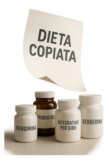 FOGLIO DI CARTA FLUTTUA IN ARIA CON LA SCRITTA "DIETA COPIATA", INSIEME A BARATTOLI DI INTEGRATORI PER CURARE IL SIBO IN ITALIANO, IPERREALISTICO 4K, NON DISEGNATO sticker