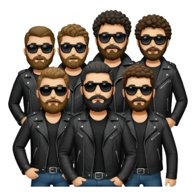 biker gang with black sunglass and rugged and bulky guy bearded curly hair black jacket sticker